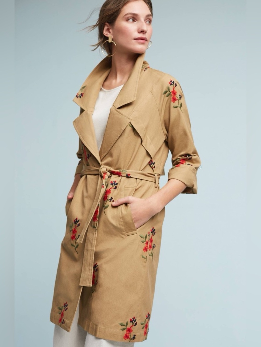 NWT Anthropologie x Cartonnier Floral Embroidered Tan Trench Coat